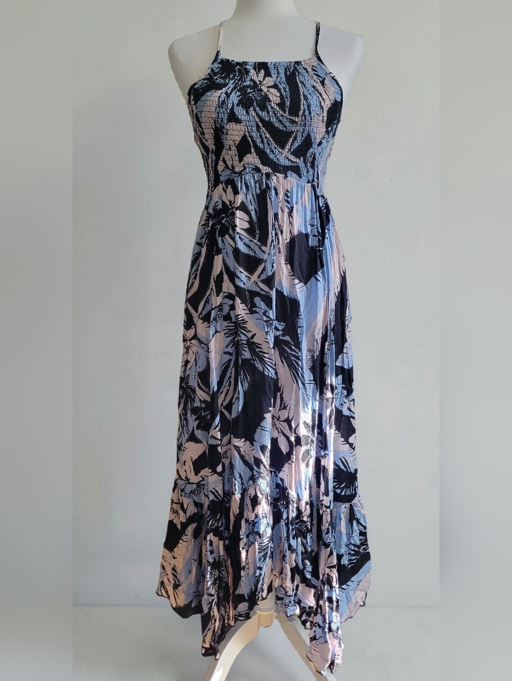 Free People Heat Wave Floral Smocked Maxi Dress Blue Black Flowy, Women's Medium